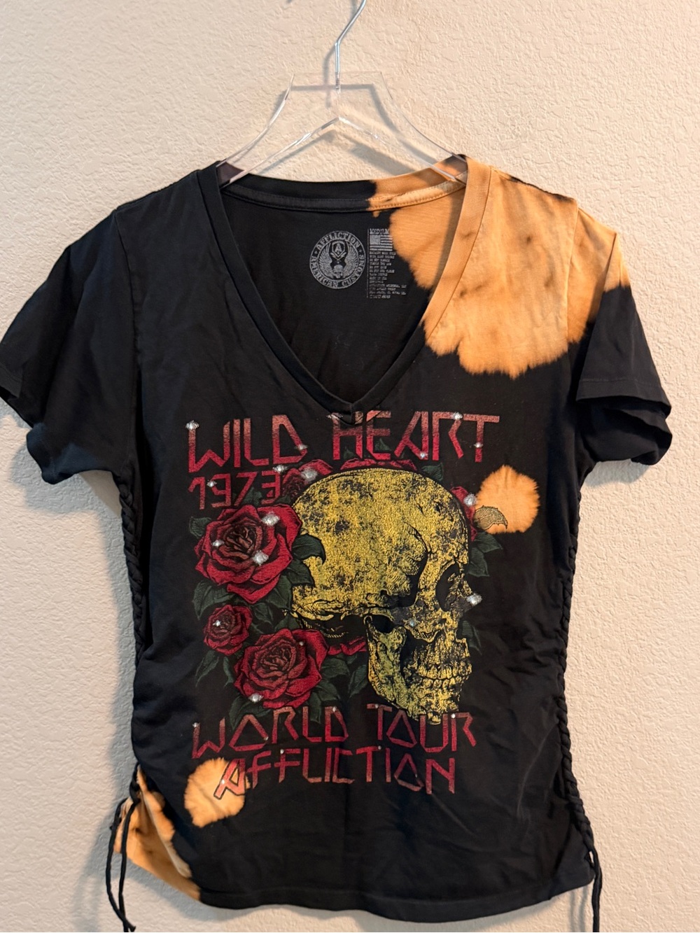Affliction"Wild Heart"graphic tee,features bleached dye spots and side-laced